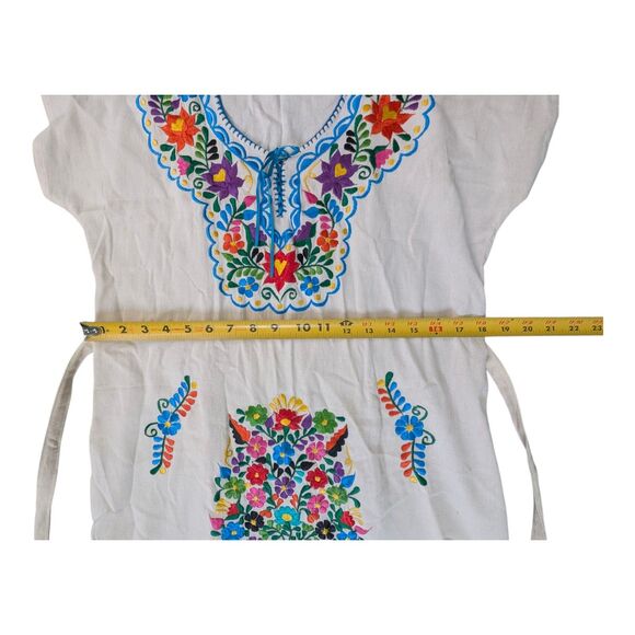 Vintage Mexican Embroidered Huipil Dress M White Multicolor Floral Tie Waist - Picture 6 of 8